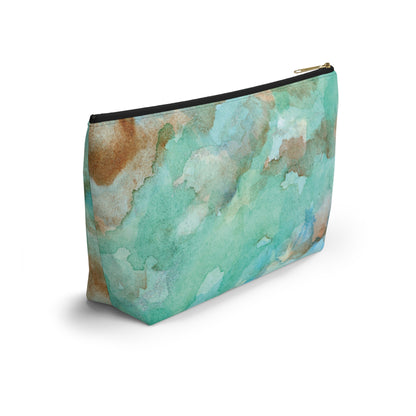 Tropical Aqua Shimmer Marbled Watercolor Painting - Zipper Closure Accessory Pouch w T-bottom (2 Sizes)