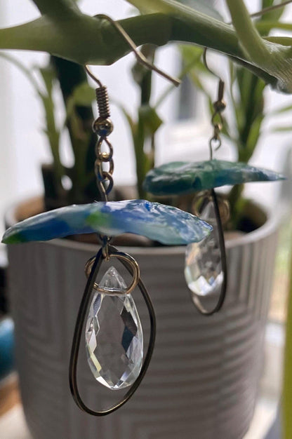 Handmade and Customizable - Dangle Upcycled Melted Plastic Mushroom Earrings W/ Drop Down Fixtures & Faceted Crystals - Made To Order