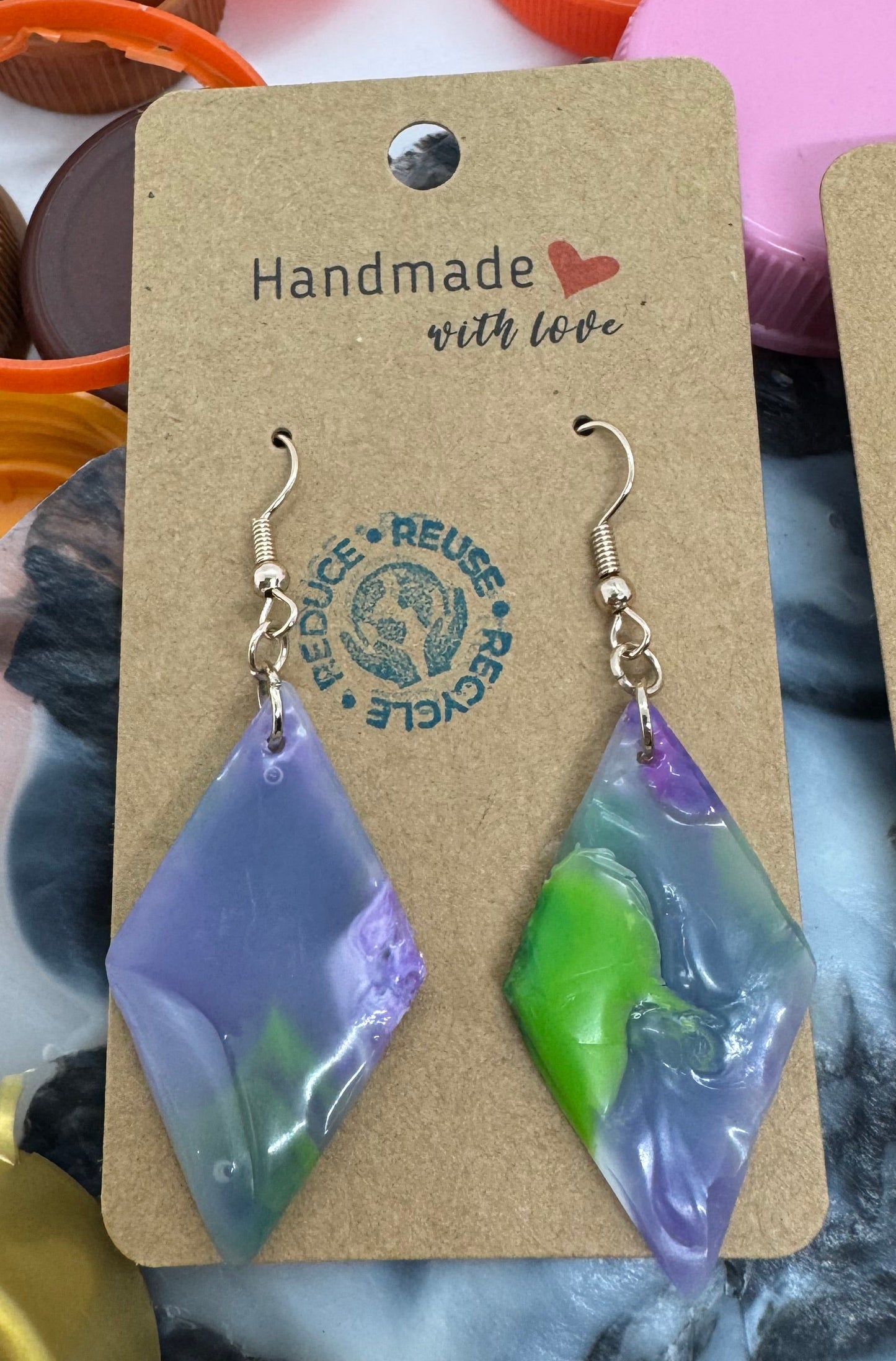 Handmade - Medium Upcycled Melted Plastic Diamond Shaped Earrings
