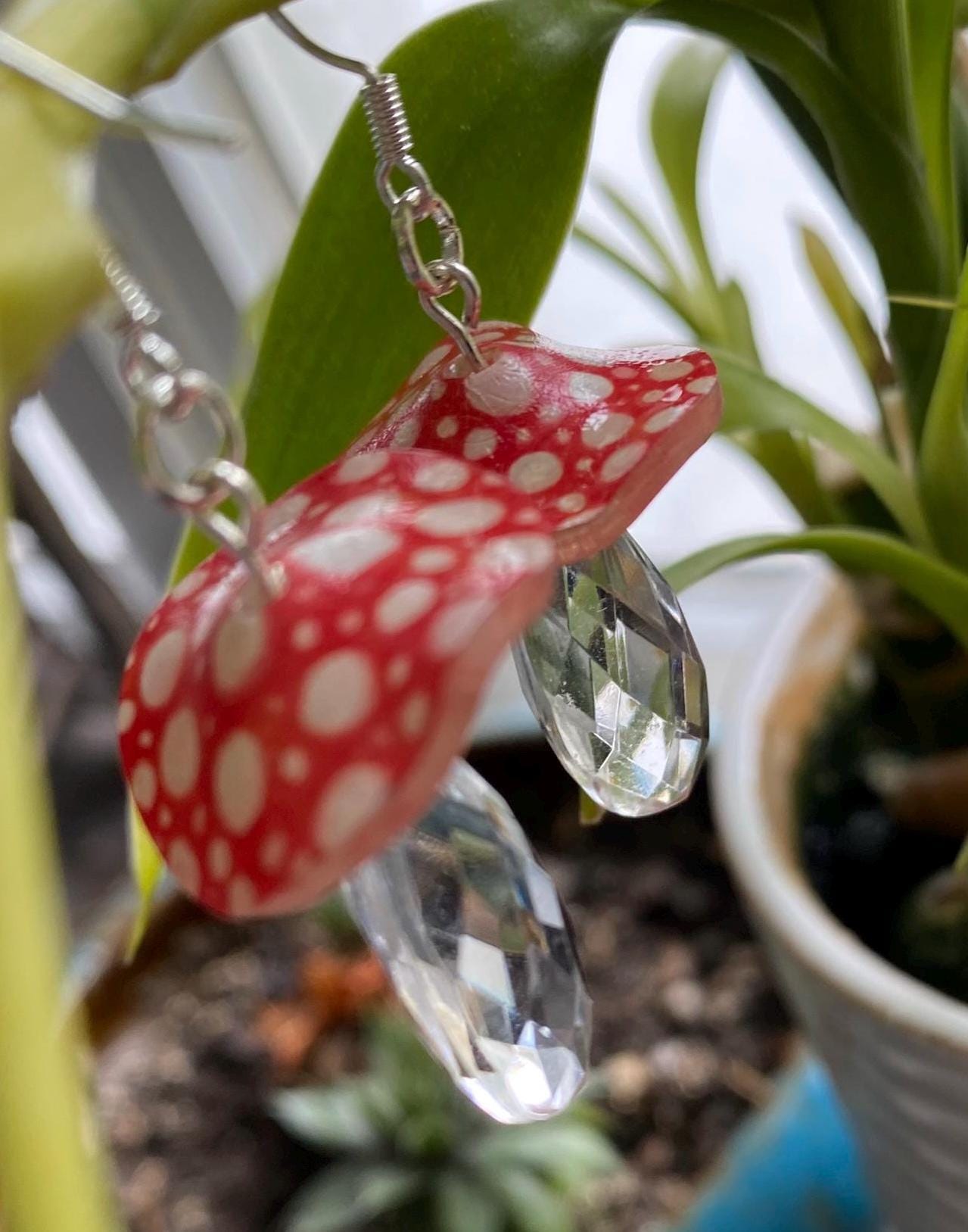 Hand-Drawn and Customizable - Dangle Drop Down Crystal Mushroom Shrinky Dink Earrings - Made To Order