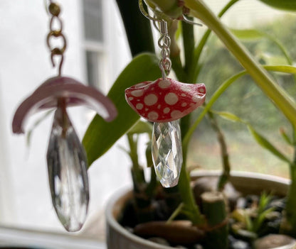 Hand-Drawn and Customizable - Dangle Drop Down Crystal Mushroom Shrinky Dink Earrings - Made To Order