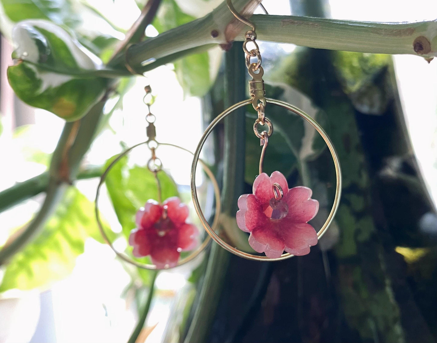 Hand-Drawn and Customizable - Dangle Drop Down Cherry Blossom Shrinky Dink Hoop Flower Earrings - Made To Order