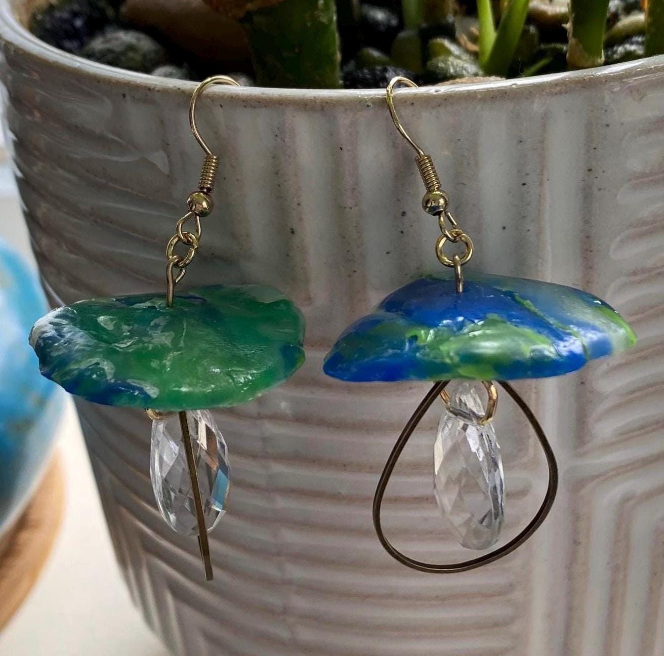 Handmade and Customizable - Dangle Upcycled Melted Plastic Mushroom Earrings W/ Drop Down Fixtures & Faceted Crystals - Made To Order