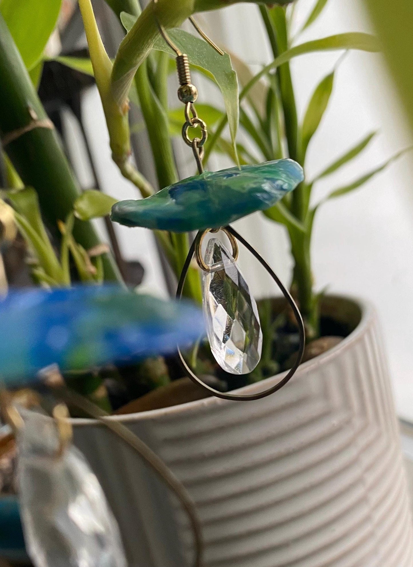 Handmade and Customizable - Dangle Upcycled Melted Plastic Mushroom Earrings W/ Drop Down Fixtures & Faceted Crystals - Made To Order