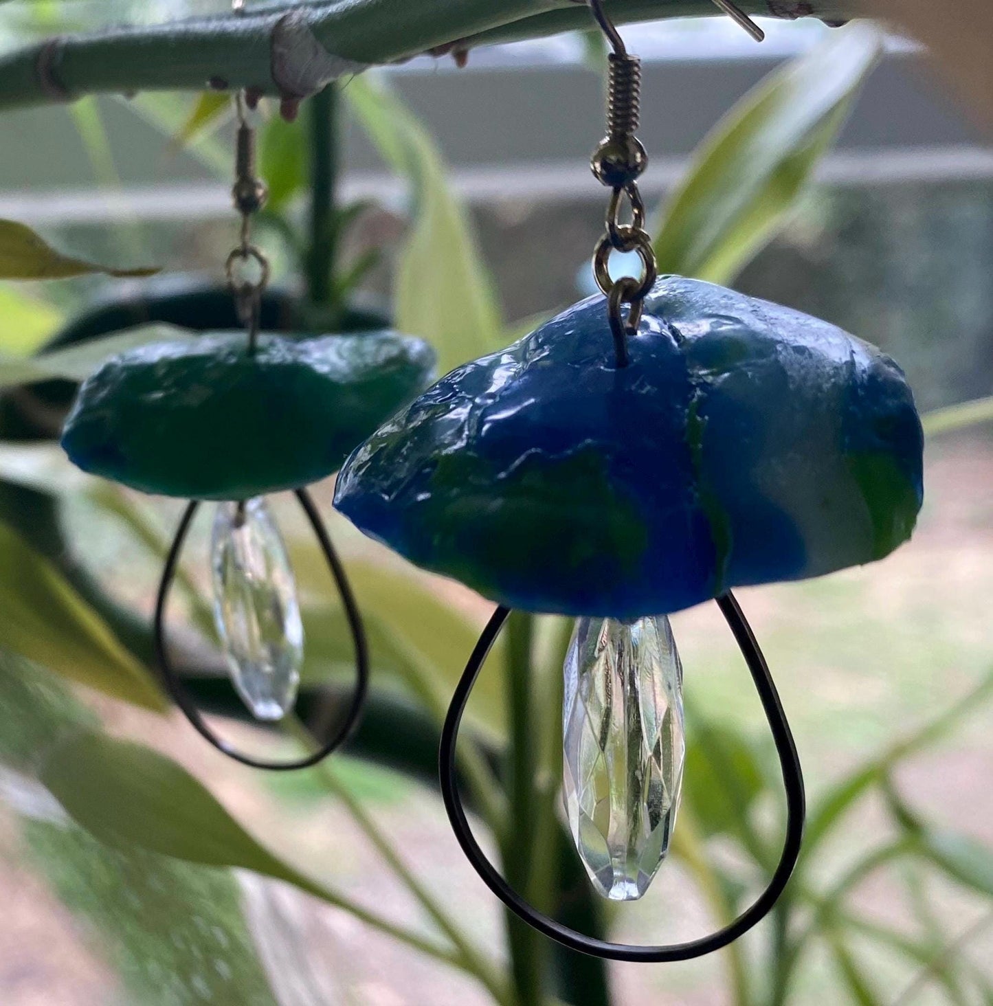 Handmade and Customizable - Dangle Upcycled Melted Plastic Mushroom Earrings W/ Drop Down Fixtures & Faceted Crystals - Made To Order