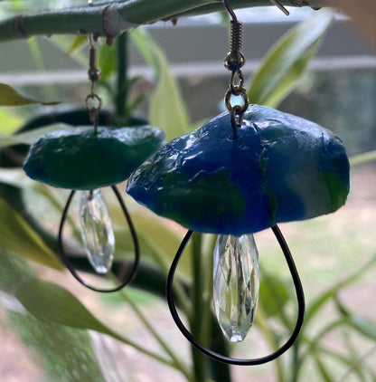 Handmade and Customizable - Dangle Upcycled Melted Plastic Mushroom Earrings W/ Drop Down Fixtures & Faceted Crystals - Made To Order