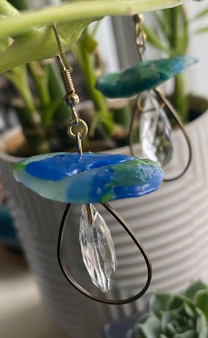 Handmade and Customizable - Dangle Upcycled Melted Plastic Mushroom Earrings W/ Drop Down Fixtures & Faceted Crystals - Made To Order