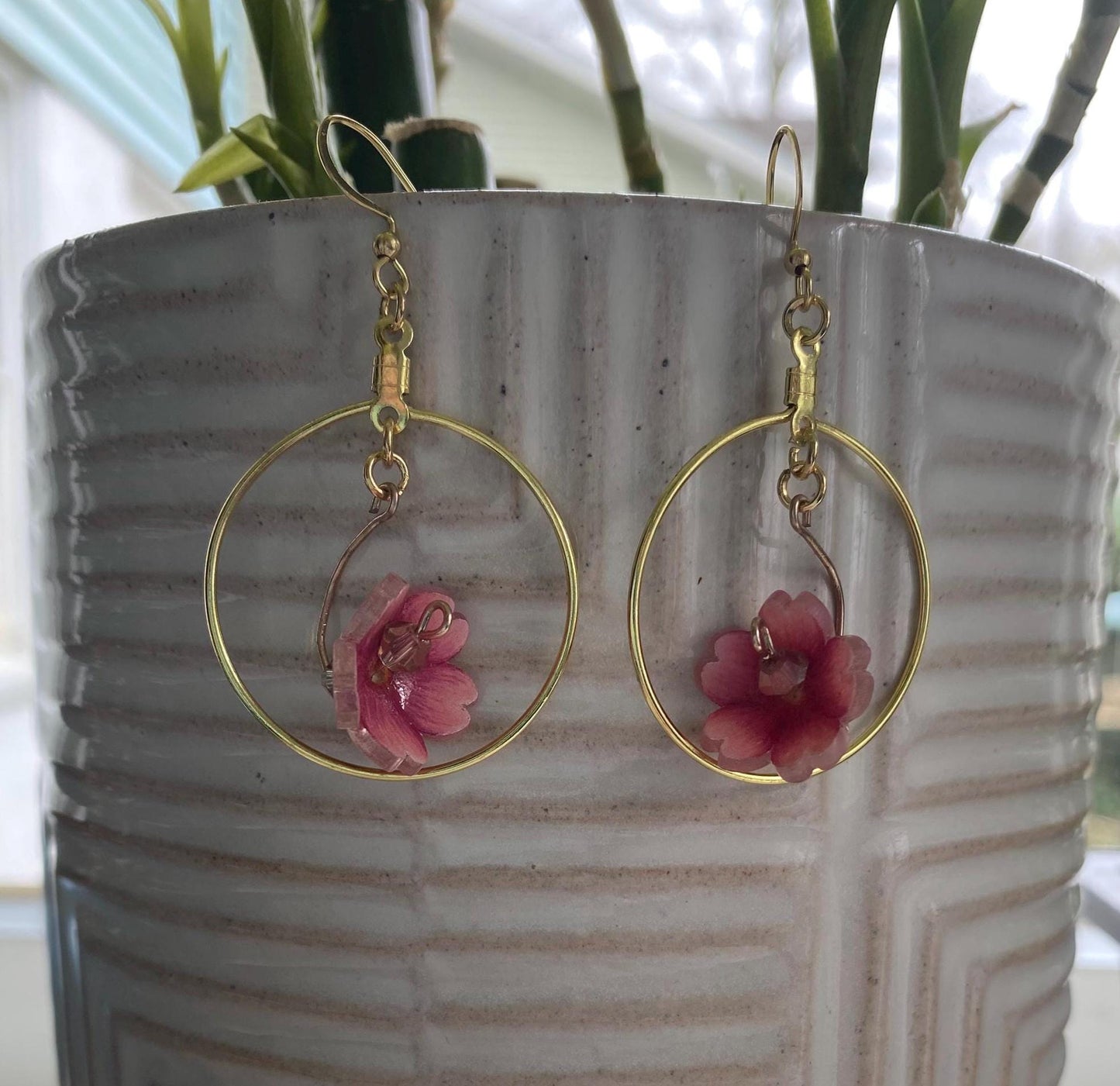 Hand-Drawn and Customizable - Dangle Drop Down Cherry Blossom Shrinky Dink Hoop Flower Earrings - Made To Order