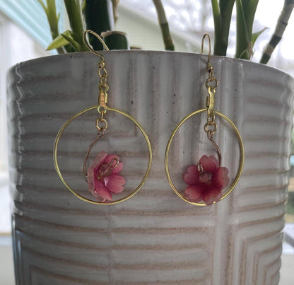 Hand-Drawn and Customizable - Dangle Drop Down Cherry Blossom Shrinky Dink Hoop Flower Earrings - Made To Order